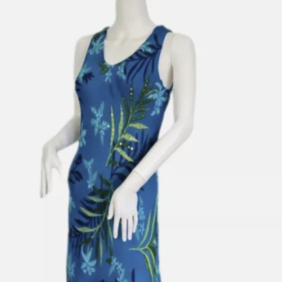 Vintage 90's  RK Originals Turq. Blue Rayon Bias Cut Tropical maxi Dress sz 16W - Picture 1 of 6